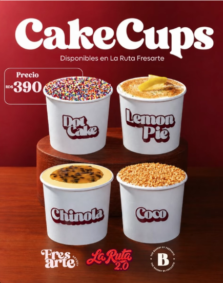 Menú CakeCups: Don Cake, Lemon Pie, Chinola y Coco. RD$390. Disponibles en La Ruta Fresarte.